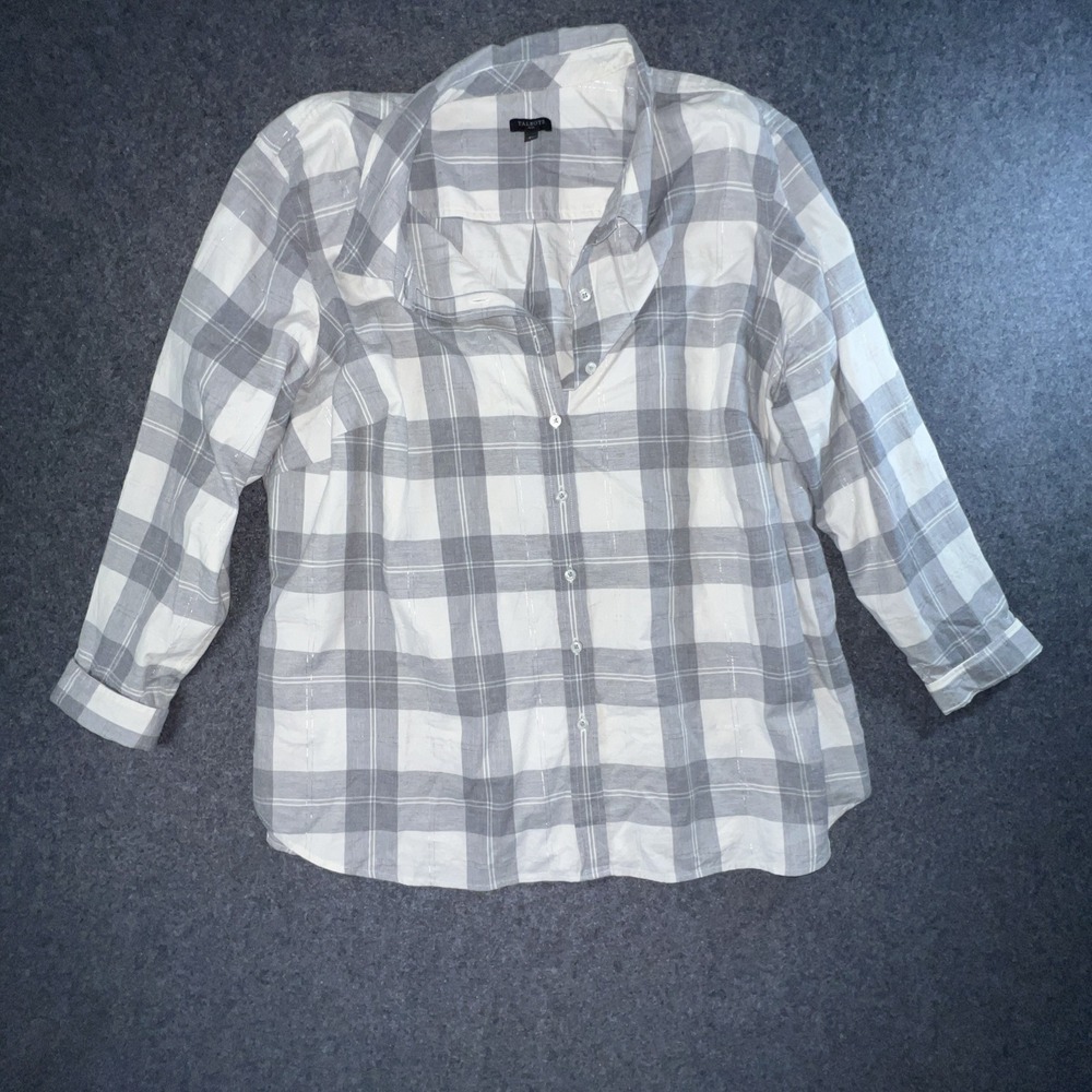 Talbots Plus Grey White Plaid Metallic Stripe Button Down Shirt 3X